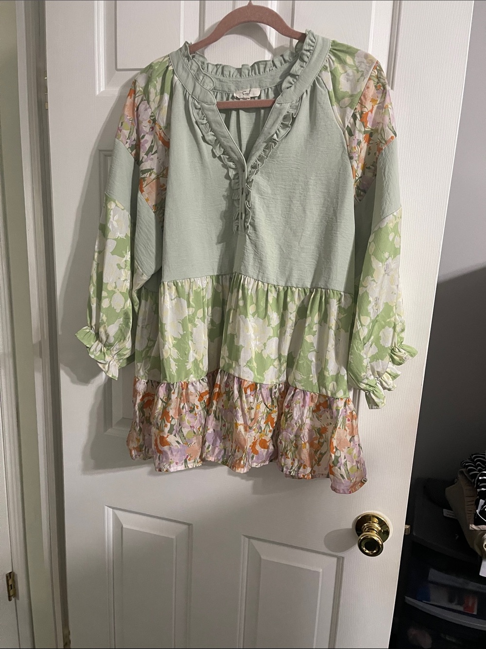 easel Sage Green Floral Tiered Peasant Tunic